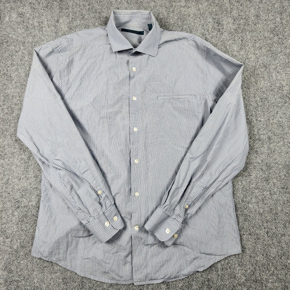 Perry Ellis Mens Large Blue White Striped Cotton Long Sleeve Button Down Shirt